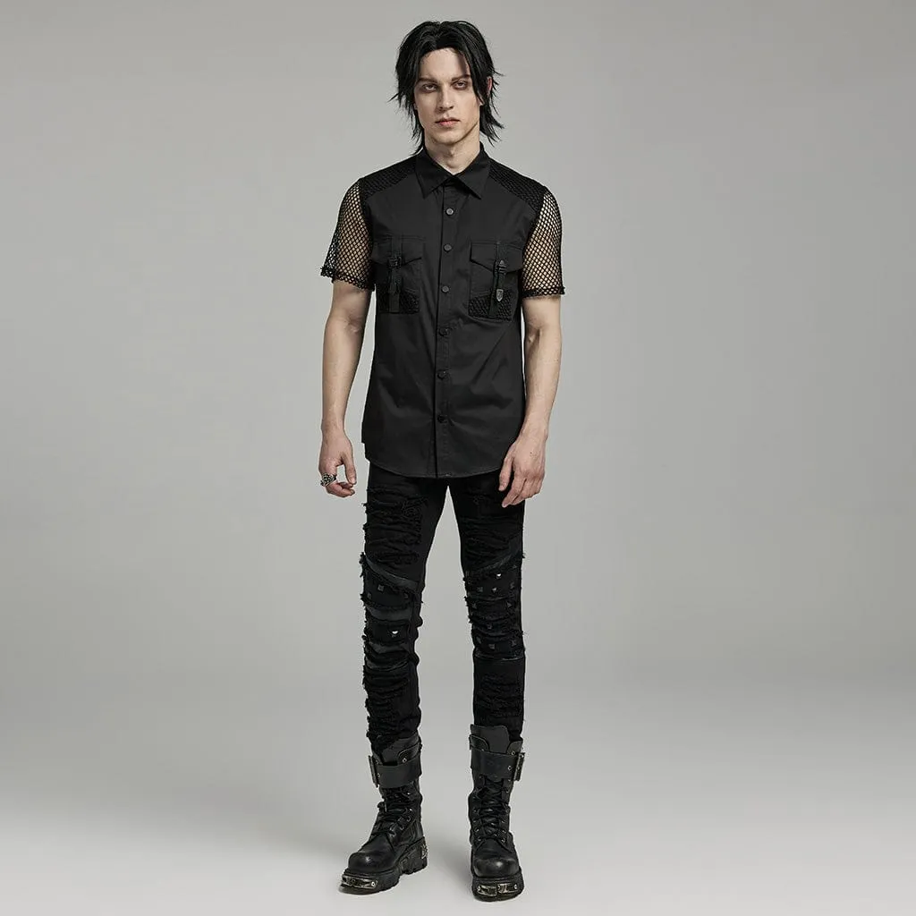 Men's Punk Big-pocket Mesh Splice Shirt