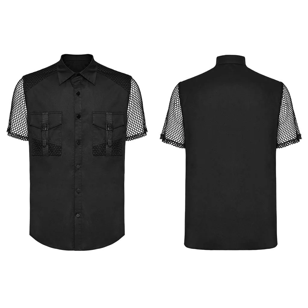 Men's Punk Big-pocket Mesh Splice Shirt