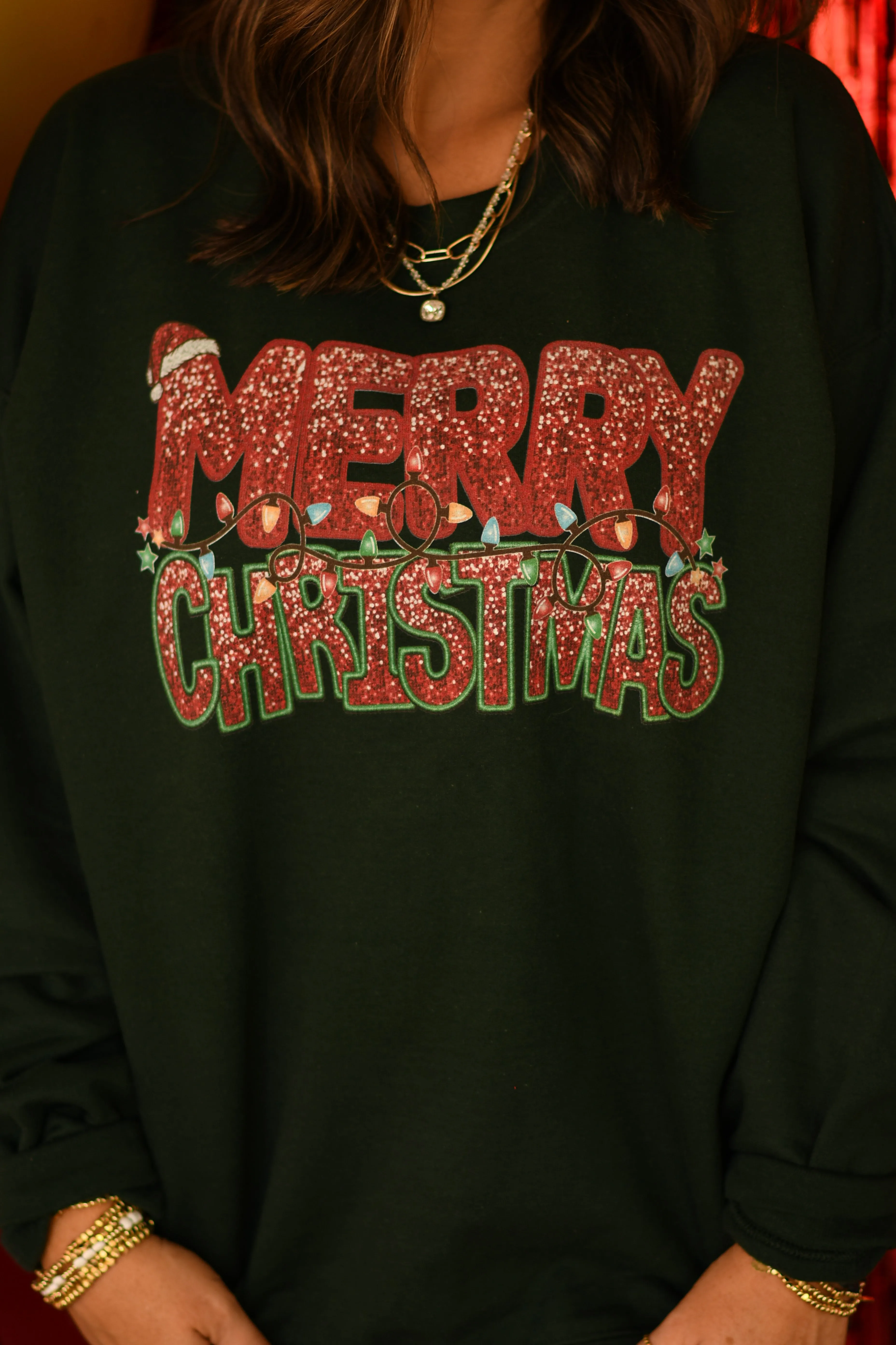 Merry Christmas Lights Faux Glitter Sweatshirt - Youth and Adult