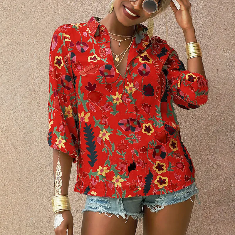 New Chiffon Top Floral Long Sleeve Button Shirt