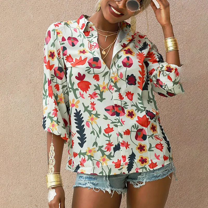 New Chiffon Top Floral Long Sleeve Button Shirt