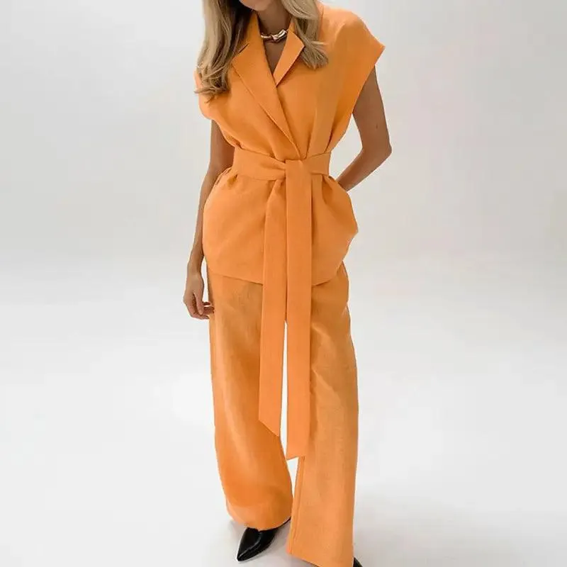 Orange Sleeveless Lace-up Shirt Two-piece Set For Women