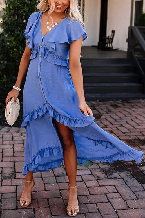 Ruffles Button V Neck Midi Dress