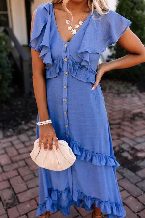 Ruffles Button V Neck Midi Dress