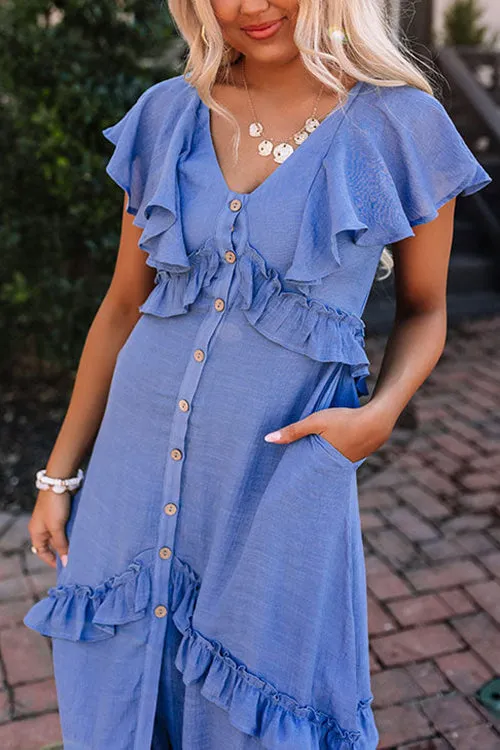 Ruffles Button V Neck Midi Dress