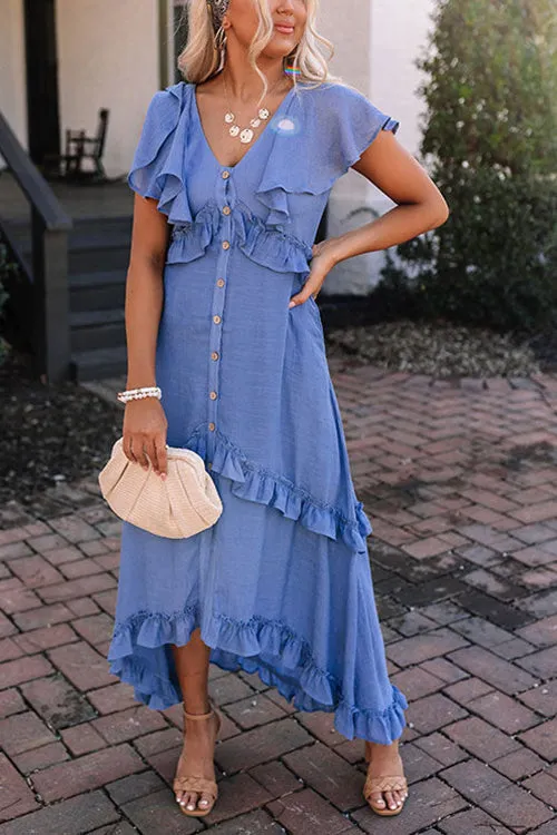 Ruffles Button V Neck Midi Dress