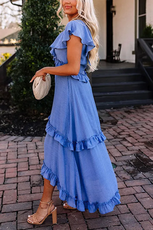 Ruffles Button V Neck Midi Dress