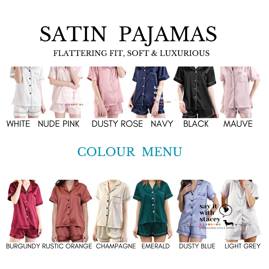 Satin Pajamas Short Set (Plain or Customizable on front pocket)