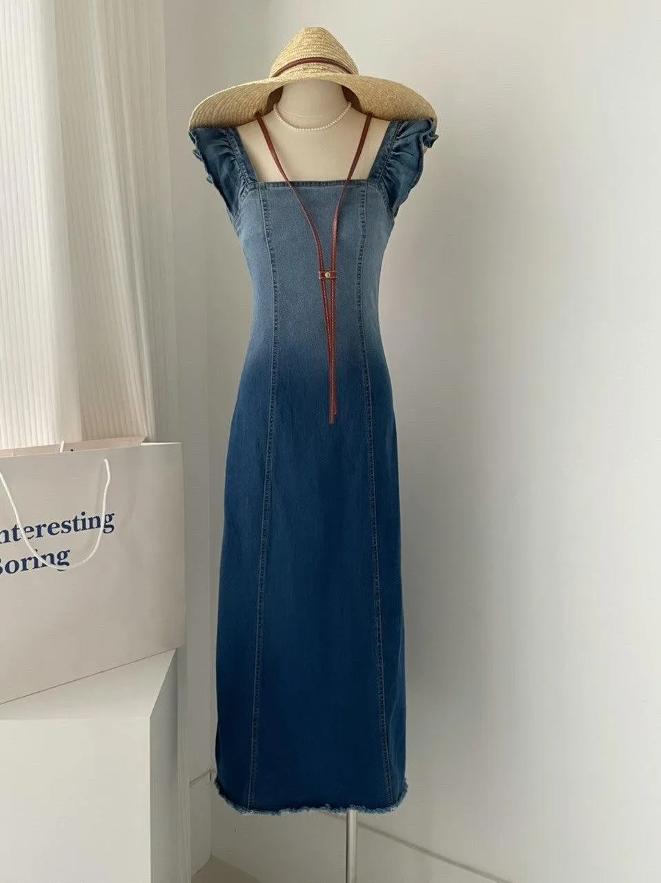 Simple Denim Gradient Small Flying Sleeve Raw Edge Dress