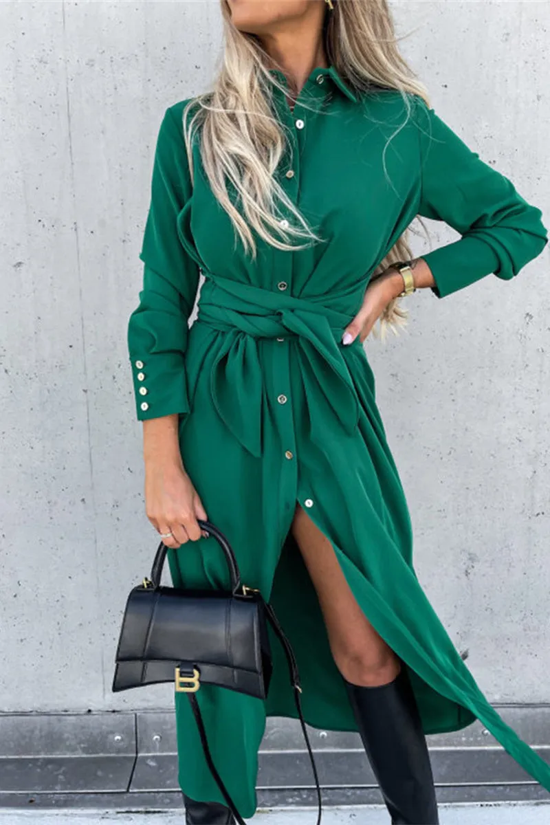 Single Breasted Tie Waist Midi Shirt Dress