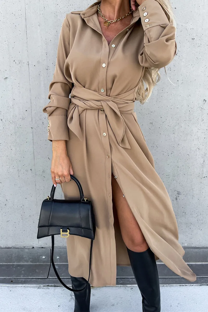 Single Breasted Tie Waist Midi Shirt Dress