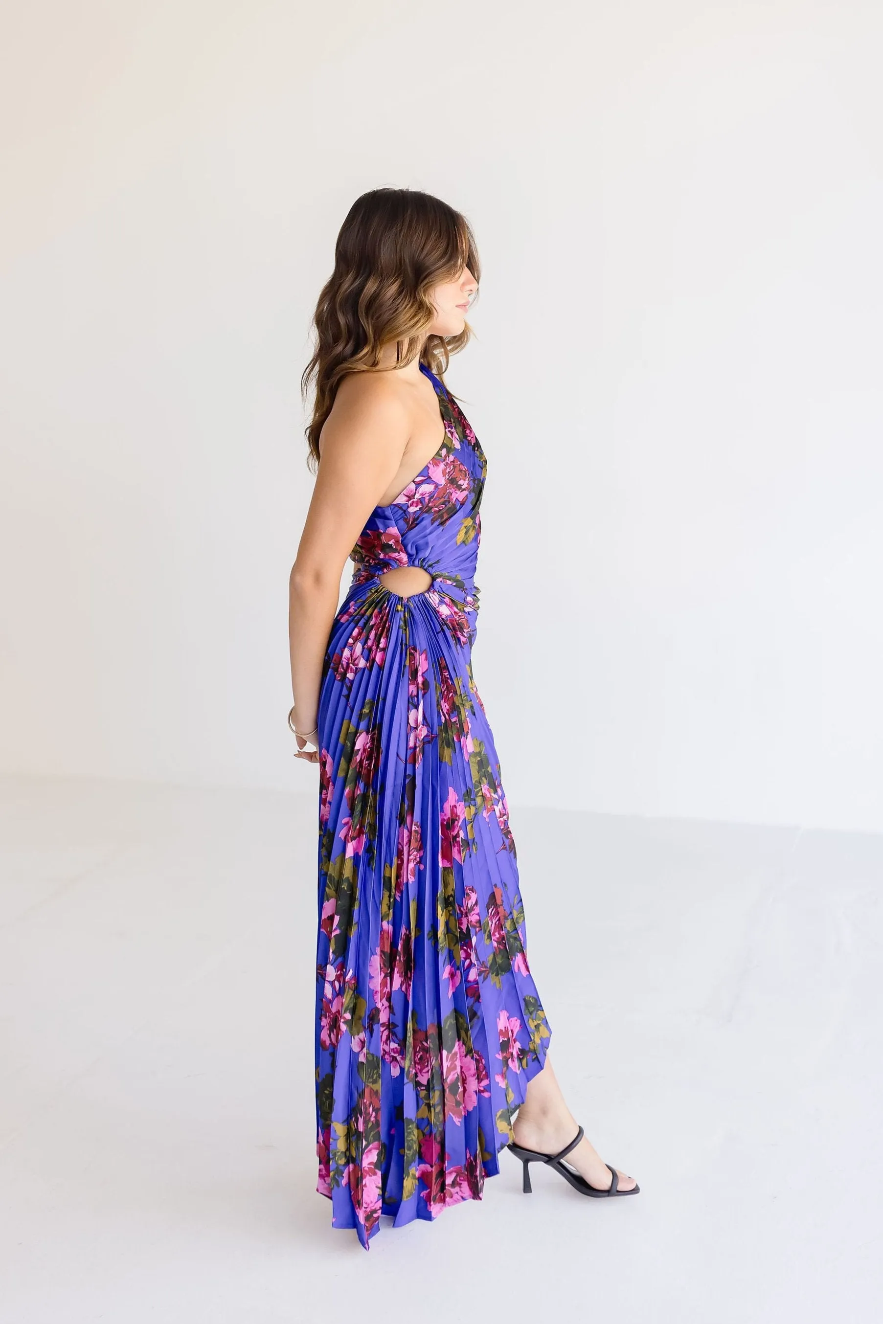 Skye One Shoulder Pleated Floral Print Maxi Dress Navy