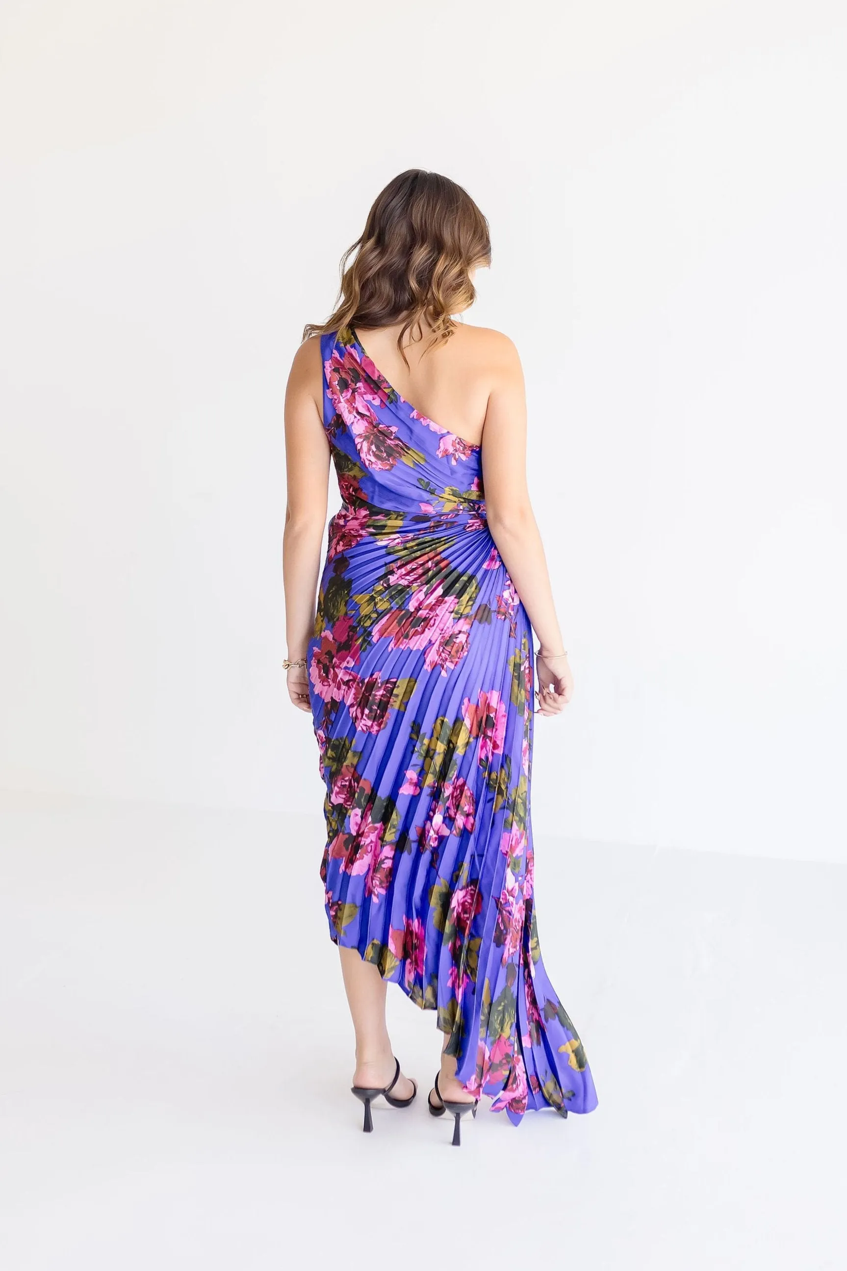 Skye One Shoulder Pleated Floral Print Maxi Dress Navy