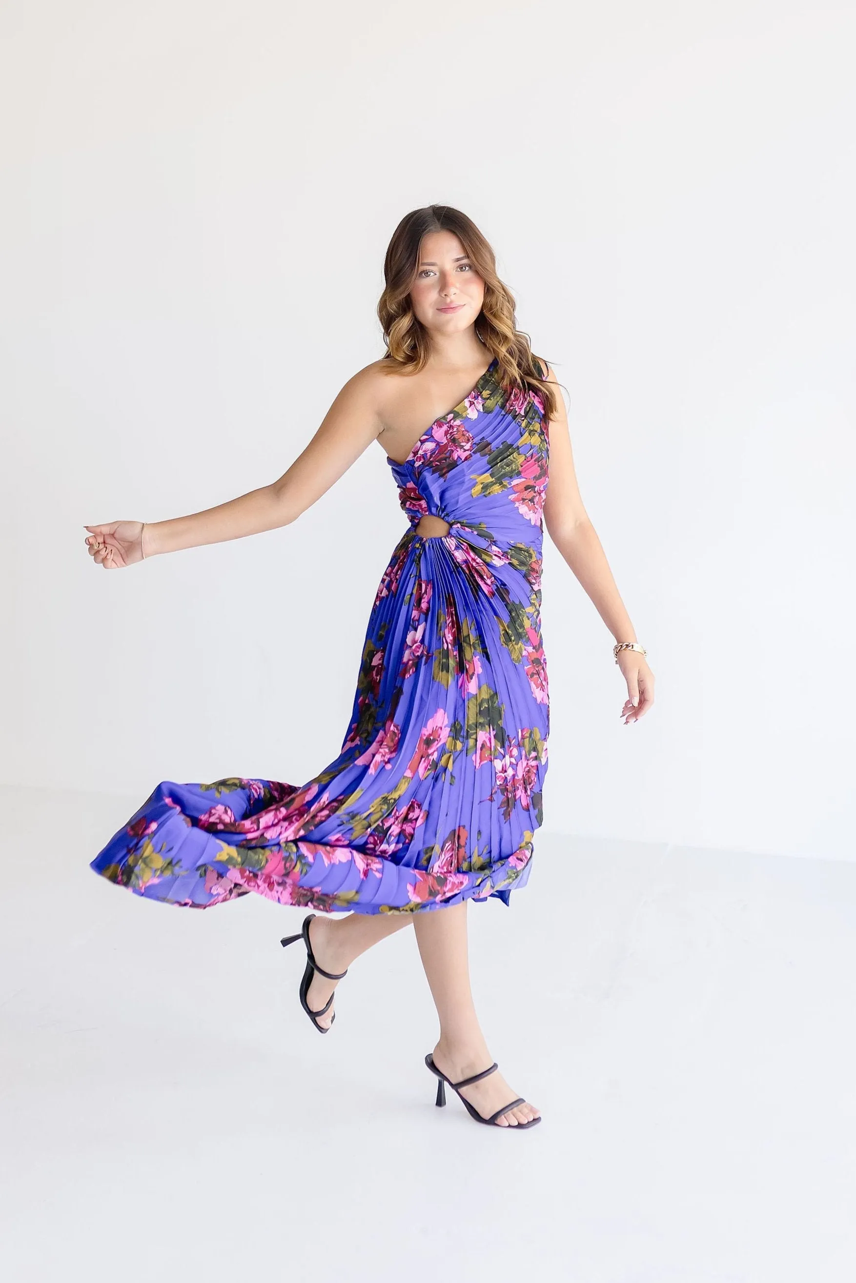 Skye One Shoulder Pleated Floral Print Maxi Dress Navy