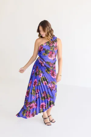 Skye One Shoulder Pleated Floral Print Maxi Dress Navy