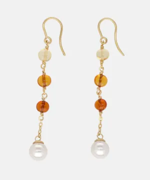 Sterling Silver Gold Plated Long 2.5" Earrings, for Women with Fish Wire Clasp and Organic Pearl, 8mm Round White Pearls and Amber Murano Crystals, Algaida Collection