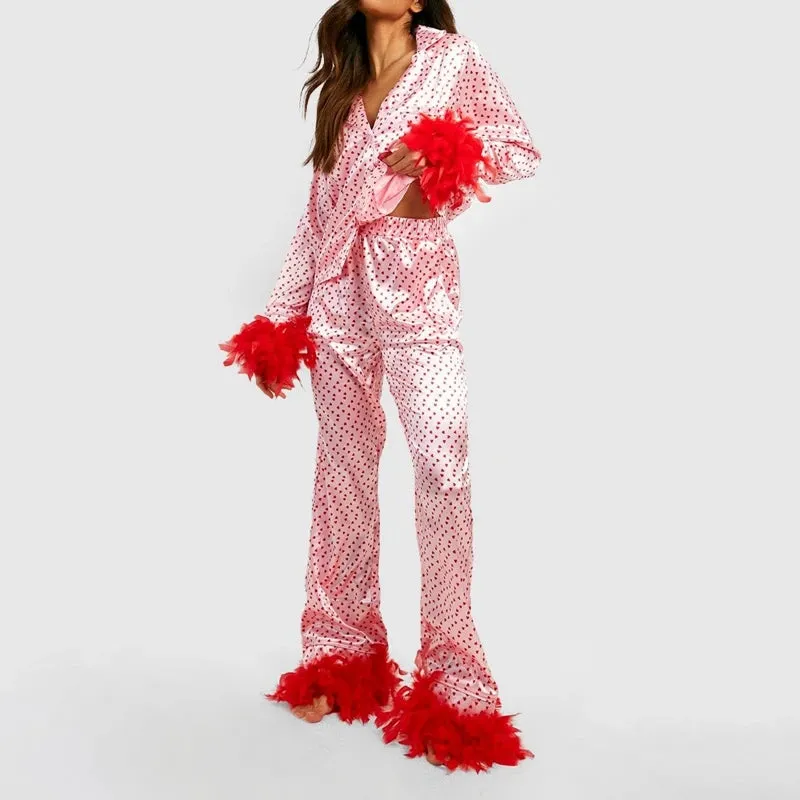 Toleet-2 Piece Set Satin Loungewear Heart Print Feather Cuff Long Sleeve Blouse Shirt Top   Long Pants Women Pajamas Matching Sleepwear