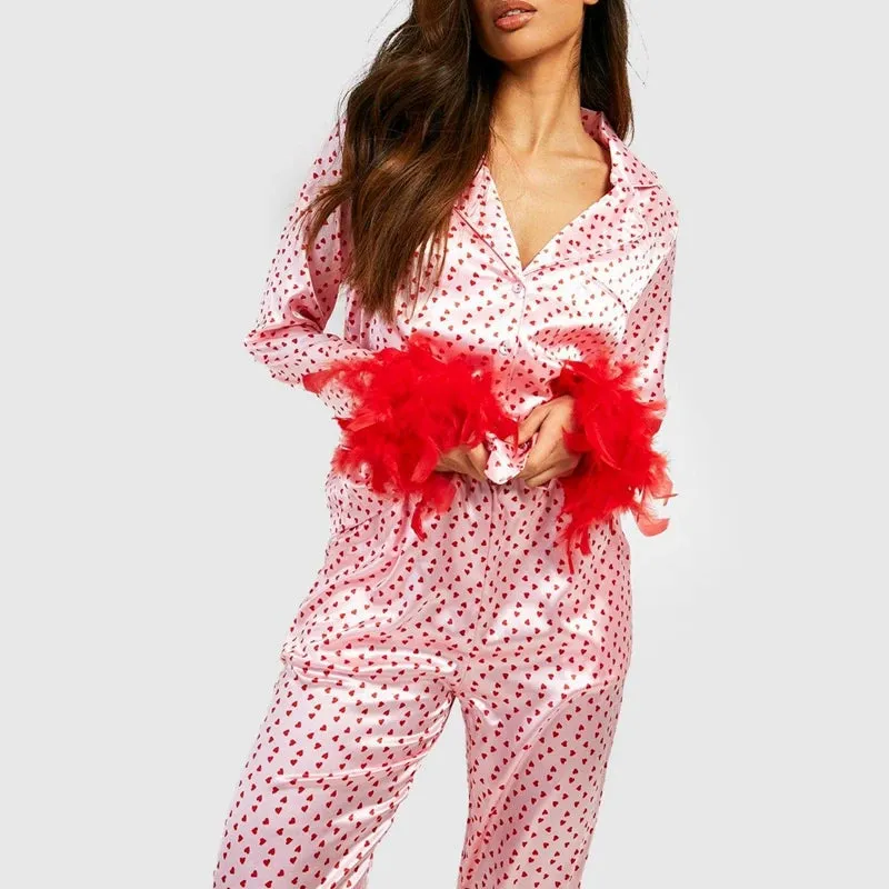 Toleet-2 Piece Set Satin Loungewear Heart Print Feather Cuff Long Sleeve Blouse Shirt Top   Long Pants Women Pajamas Matching Sleepwear