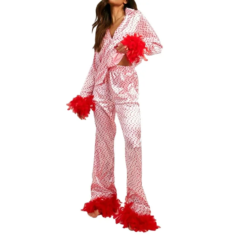 Toleet-2 Piece Set Satin Loungewear Heart Print Feather Cuff Long Sleeve Blouse Shirt Top   Long Pants Women Pajamas Matching Sleepwear