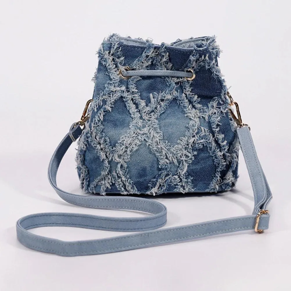 Trendy Denim Bucket Bag with Tassel Detailing