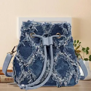 Trendy Denim Bucket Bag with Tassel Detailing