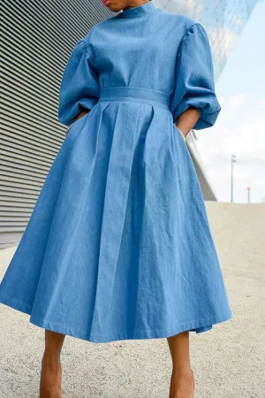 Turtleneck Neck Puff Sleeve Midi Dress