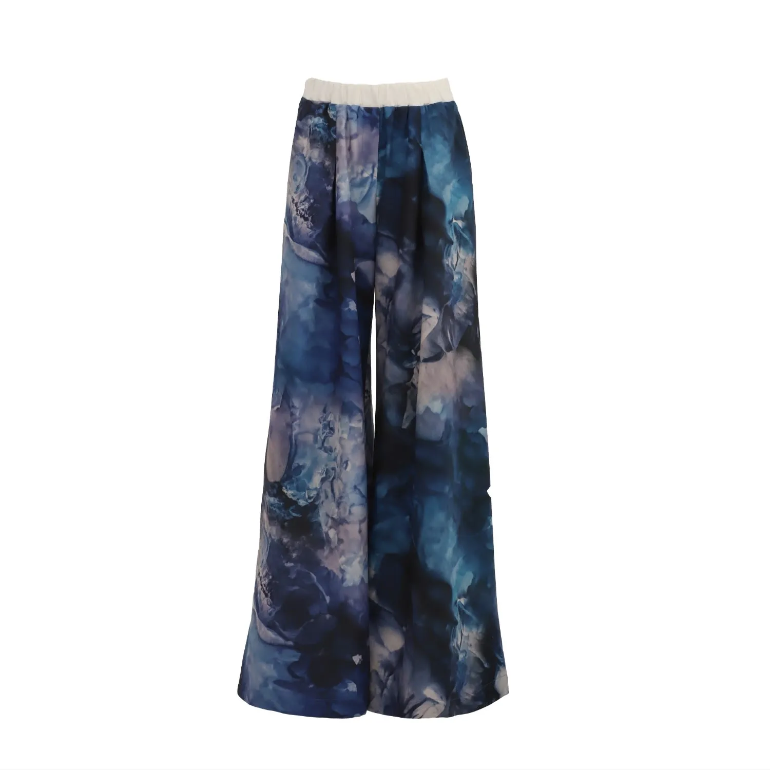 Wide-Leg Abstract Blue Print Trousers With Contrasting Waistband