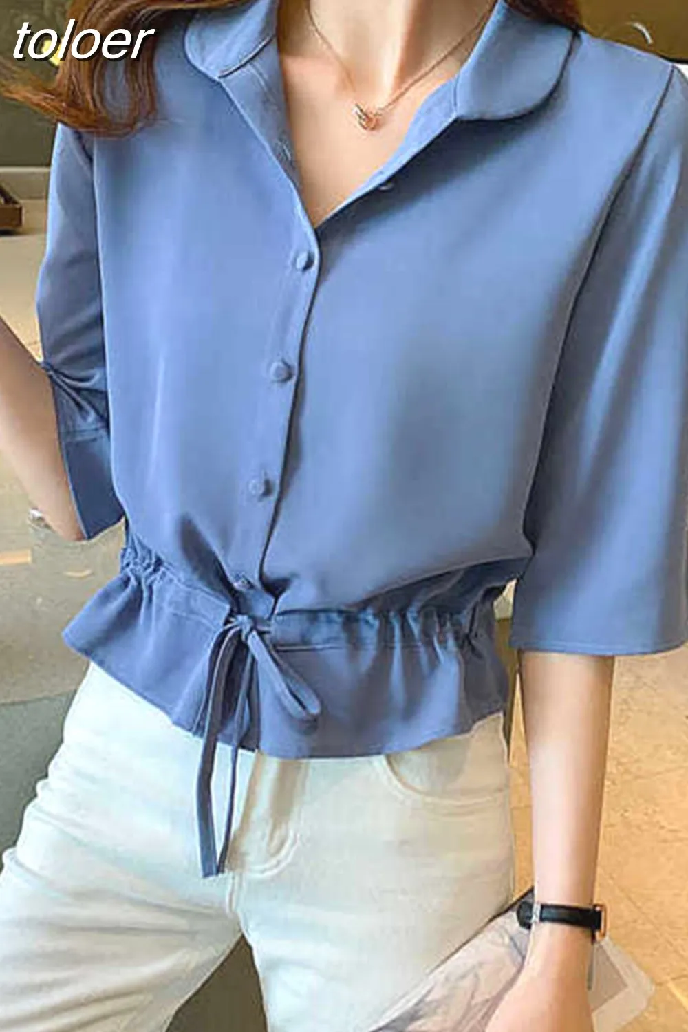 Women Solid Turn-down Collar Half Sleeve Chiffon Shirt Fashion Casual Shirring Single-breasted Blouses Female 1004-0