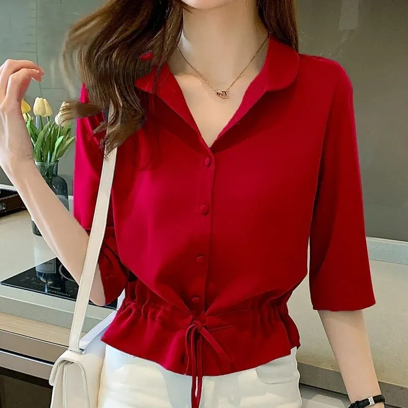 Women Solid Turn-down Collar Half Sleeve Chiffon Shirt Fashion Casual Shirring Single-breasted Blouses Female 1004-0