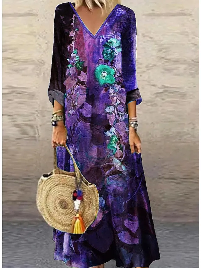 Women's Casual Dress Ethnic Dress Long Dress Maxi Dress Green 3/4 Length Sleeve Floral Print Summer Spring Fall V Neck Classic Vacation 2023 S M L XL XXL 3XL 4XL