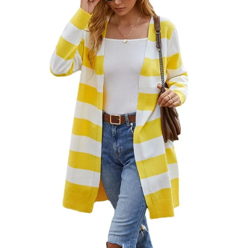 Women's knitted sweater long color contrast striped cardigan sweater