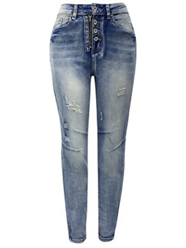 Women's washed high elastic denim pencil pants