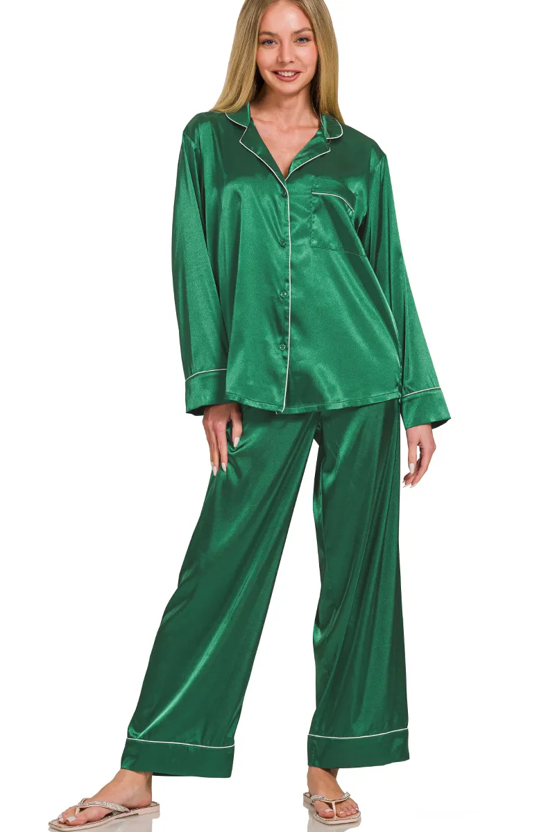 Zenana-Long Sleeve Satin Pajama Set