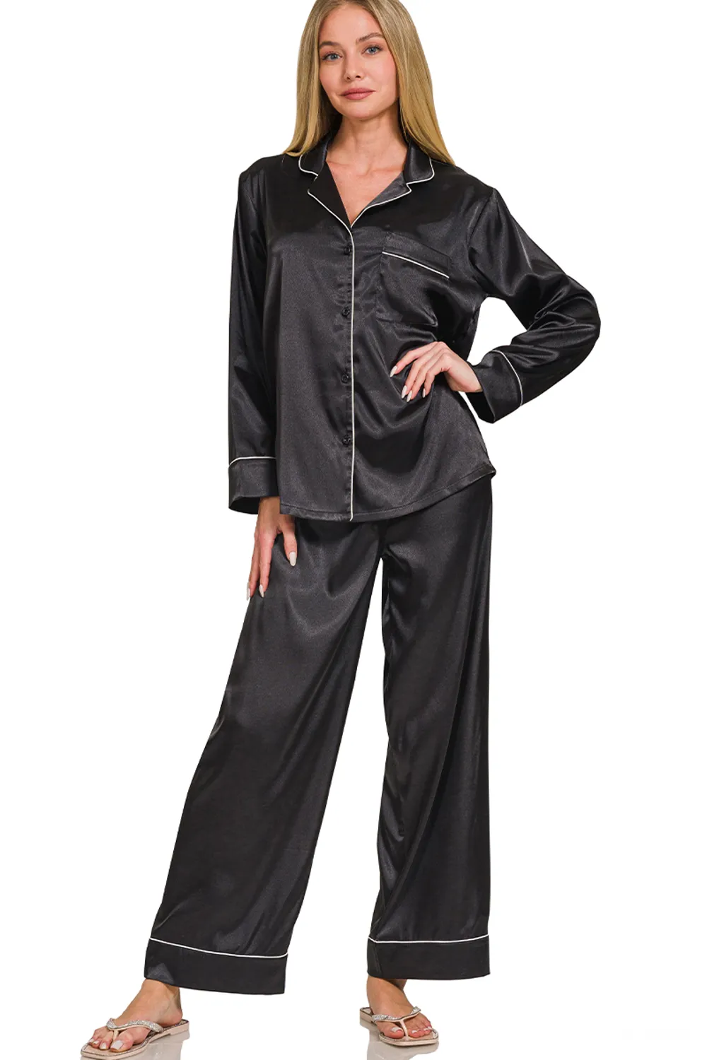 Zenana-Long Sleeve Satin Pajama Set